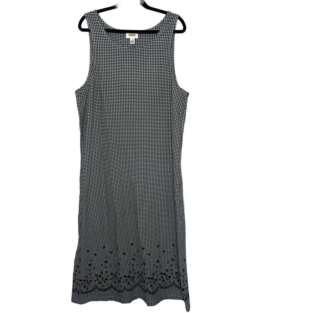 Talbots Dress Women's 14 Black White Gingham Flower Embroidered Picnic Maxi